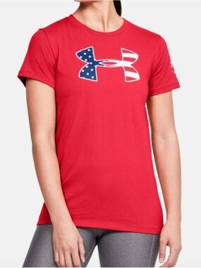Under Armour Red V-Neck Tee with American Flag Logo Graphic Size M